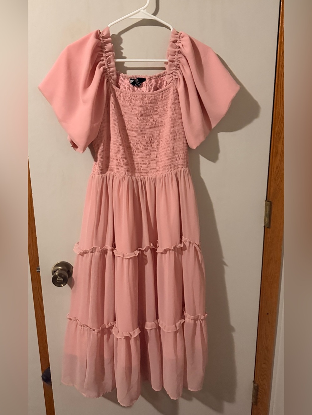 Amazon Pink Smocked Bodice Tiered Chiffon Midi Dress